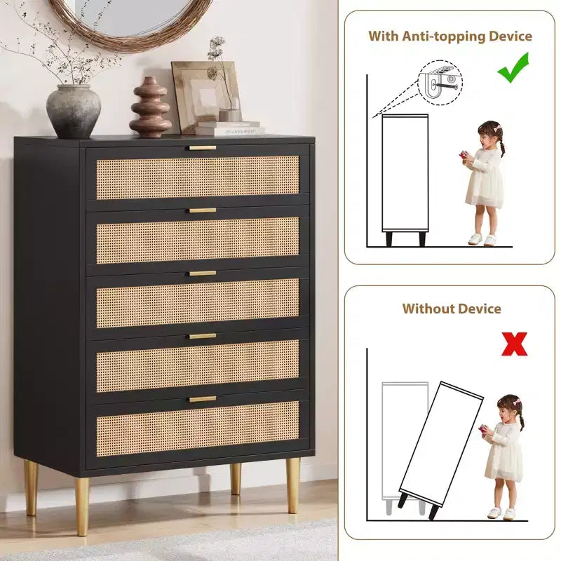 Rattan 5 Drawer Dresser with Gold Legs Tall Chest for Bedroom & Living Room