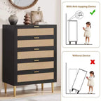 Rattan 5 Drawer Dresser with Gold Legs Tall Chest for Bedroom & Living Room