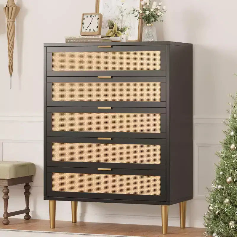 Rattan 5 Drawer Dresser with Gold Legs Tall Chest for Bedroom & Living Room