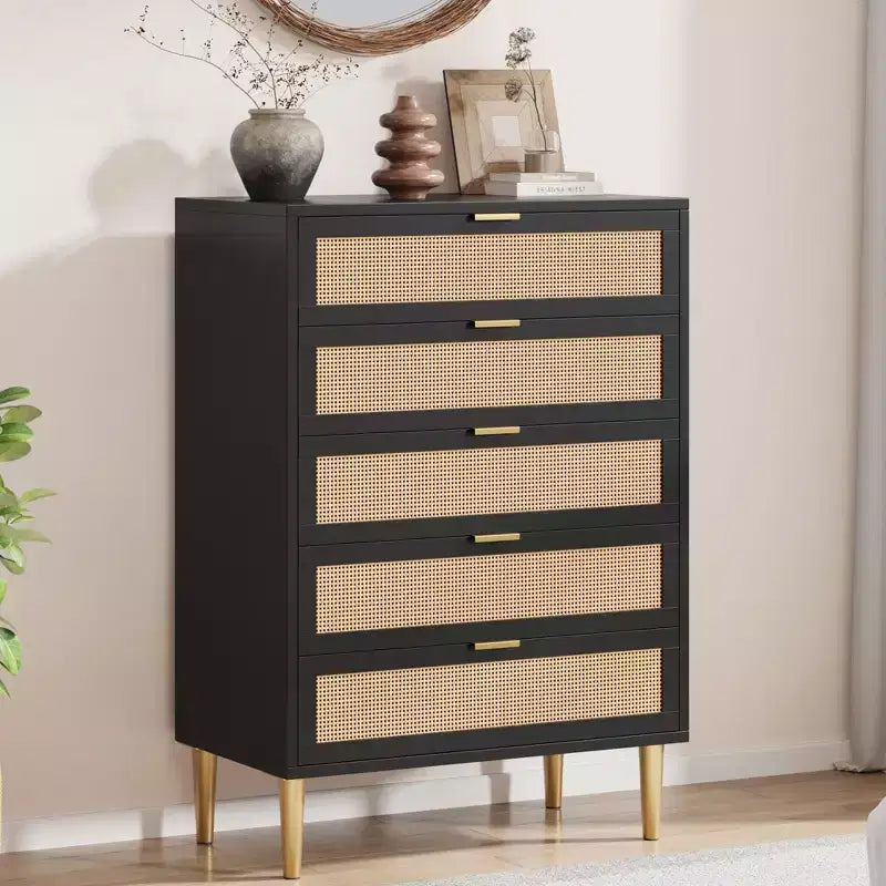 Rattan 5 Drawer Dresser with Gold Legs Tall Chest for Bedroom & Living Room