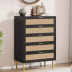 Rattan 5 Drawer Dresser with Gold Legs Tall Chest for Bedroom & Living Room
