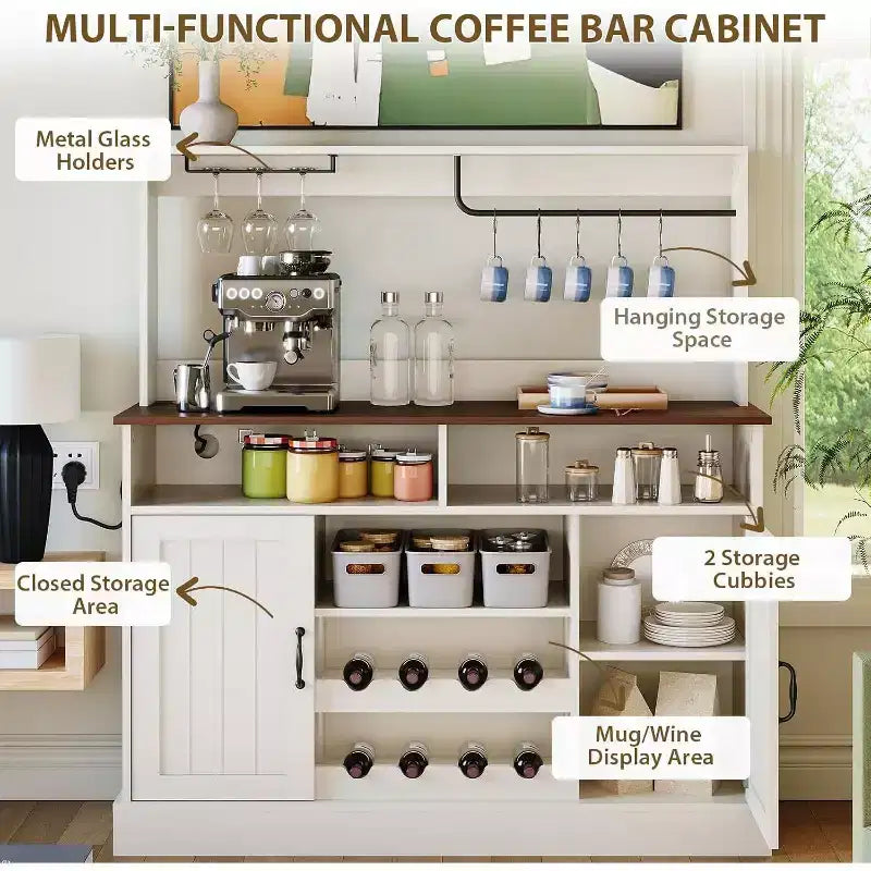 Farmhouse Sideboard Buffet Cabinet - 47, Charging Station, Hooks, Adjustable Shelves, Storage Table with Racks for Dining Living Room