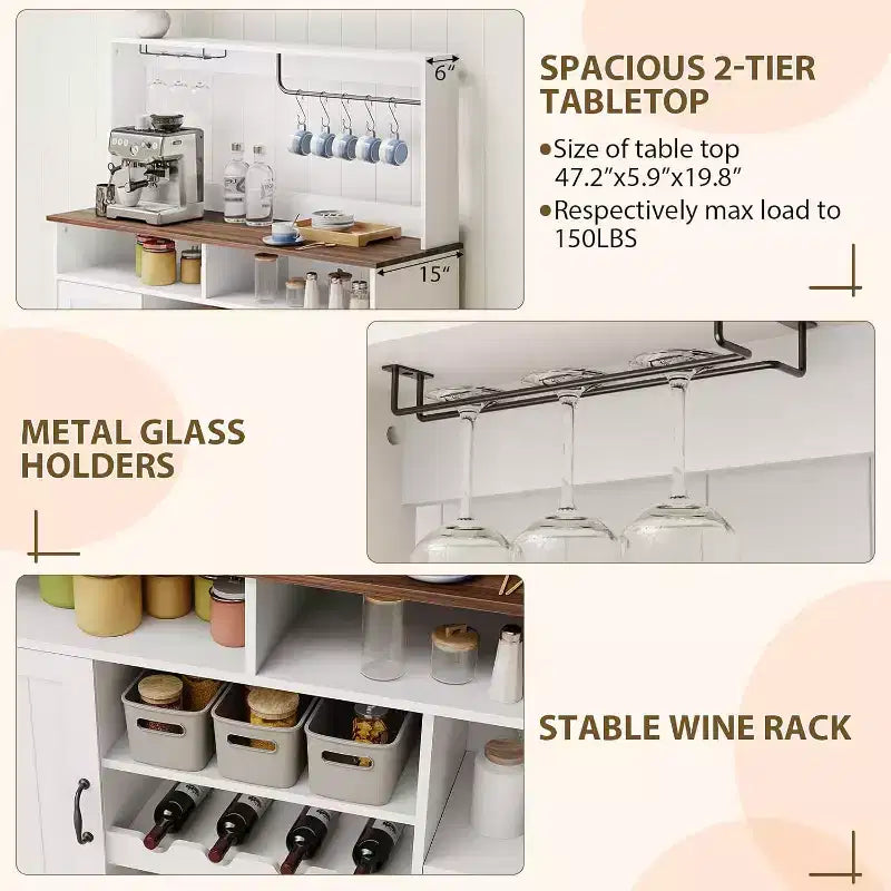 Farmhouse Sideboard Buffet Cabinet - 47, Charging Station, Hooks, Adjustable Shelves, Storage Table with Racks for Dining Living Room