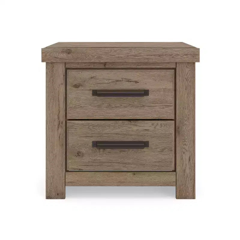 Two Drawer Nightstand, Light Brown Rustic Wood Look with USB Charging