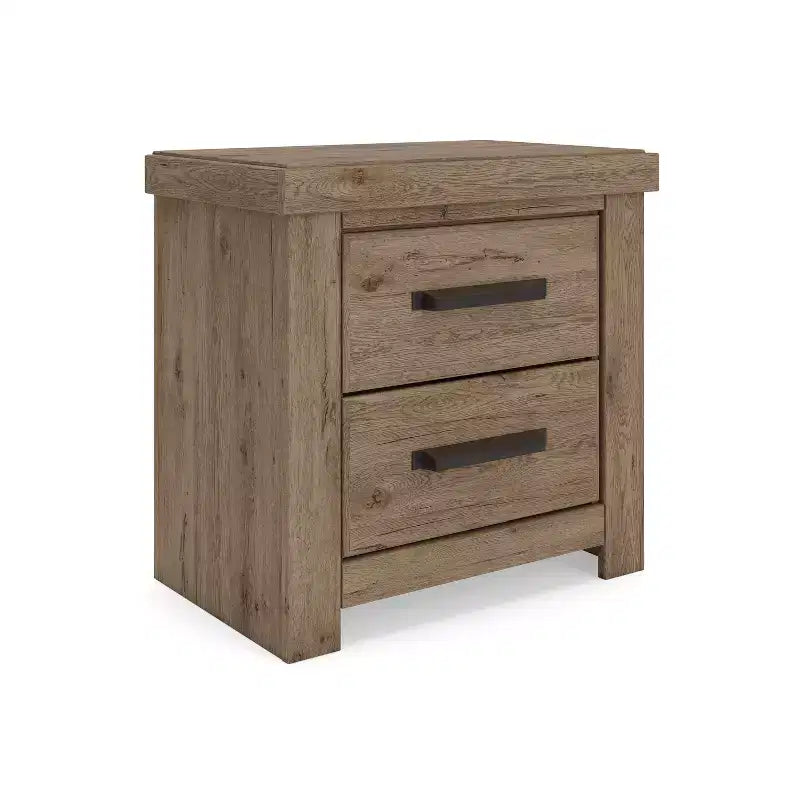 Two Drawer Nightstand, Light Brown Rustic Wood Look with USB Charging