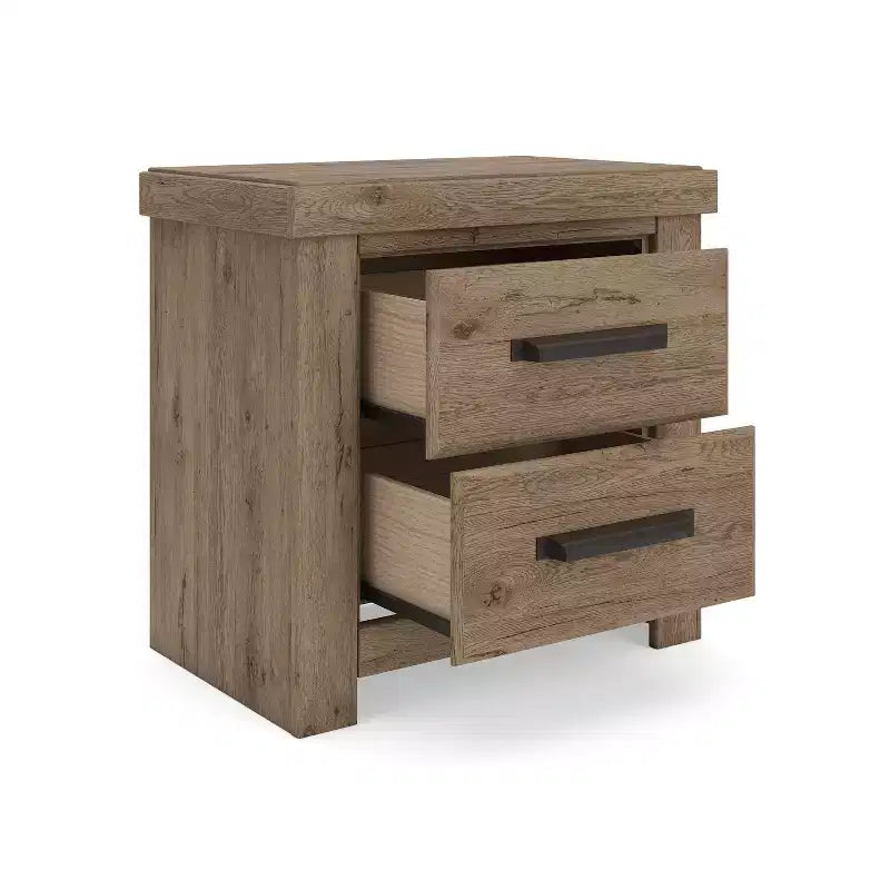 Two Drawer Nightstand, Light Brown Rustic Wood Look with USB Charging