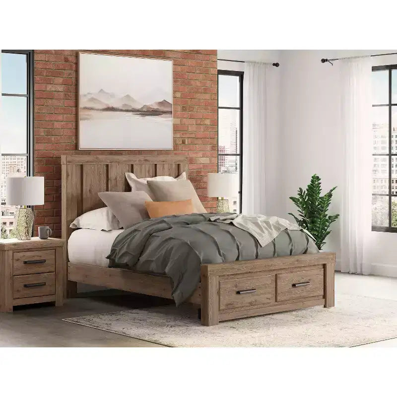 Two Drawer Nightstand, Light Brown Rustic Wood Look with USB Charging