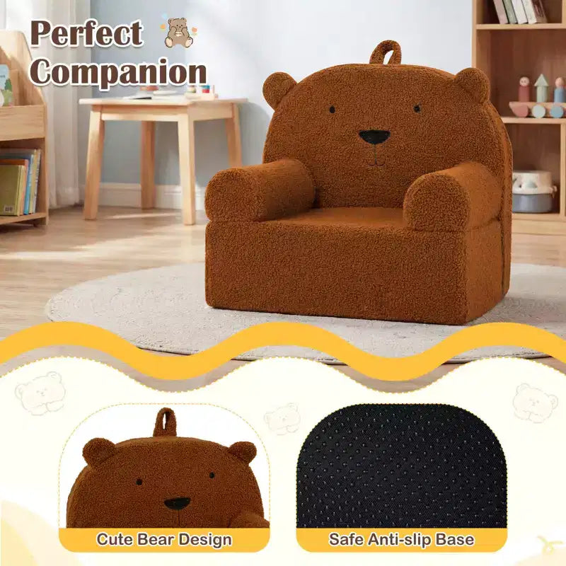 Kids Bear Sofa Toddler Foam Couch with Soft Fleece Fabric Cover Brown/Gray/Navy/Pink
