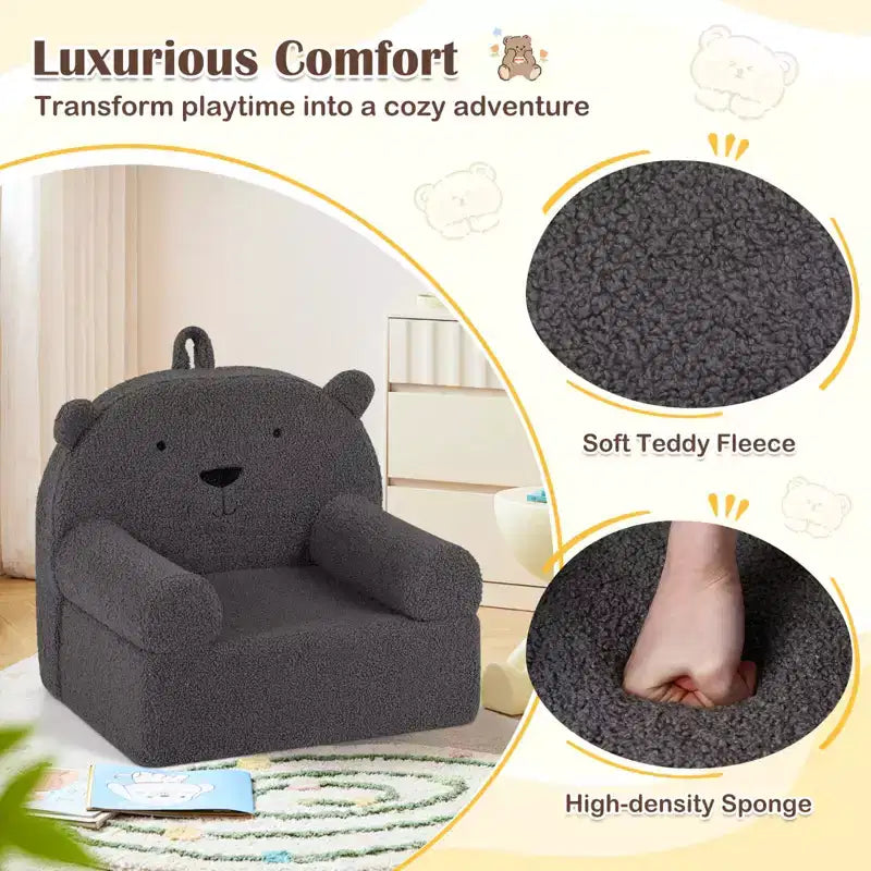 Kids Bear Sofa Toddler Foam Couch with Soft Fleece Fabric Cover Brown/Gray/Navy/Pink