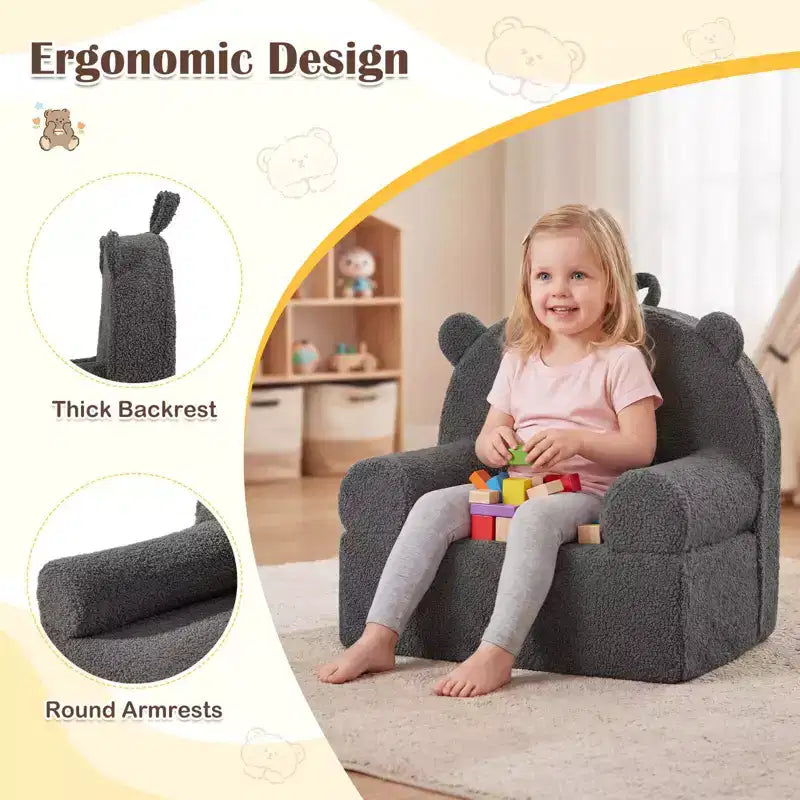 Kids Bear Sofa Toddler Foam Couch with Soft Fleece Fabric Cover Brown/Gray/Navy/Pink