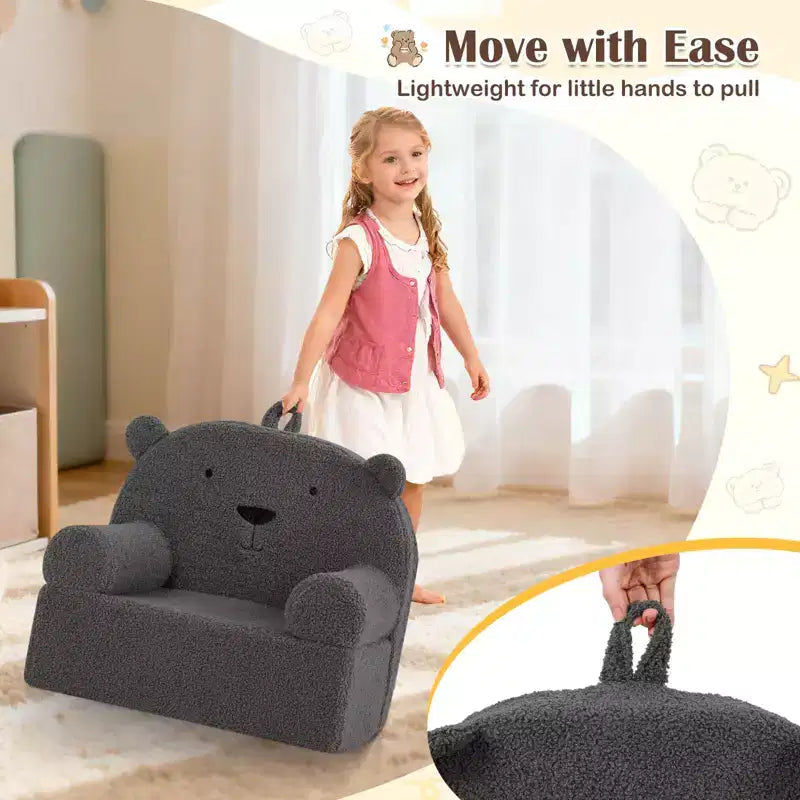Kids Bear Sofa Toddler Foam Couch with Soft Fleece Fabric Cover Brown/Gray/Navy/Pink