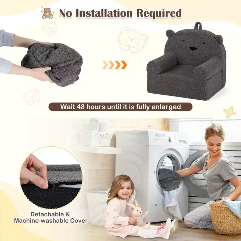 Kids Bear Sofa Toddler Foam Couch with Soft Fleece Fabric Cover Brown/Gray/Navy/Pink