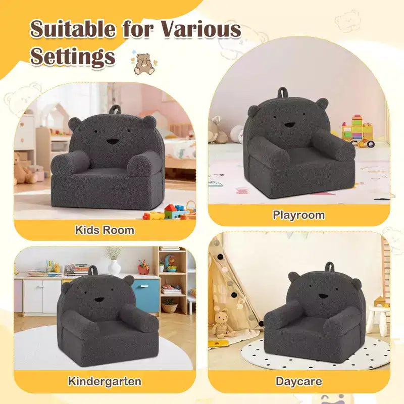 Kids Bear Sofa Toddler Foam Couch with Soft Fleece Fabric Cover Brown/Gray/Navy/Pink