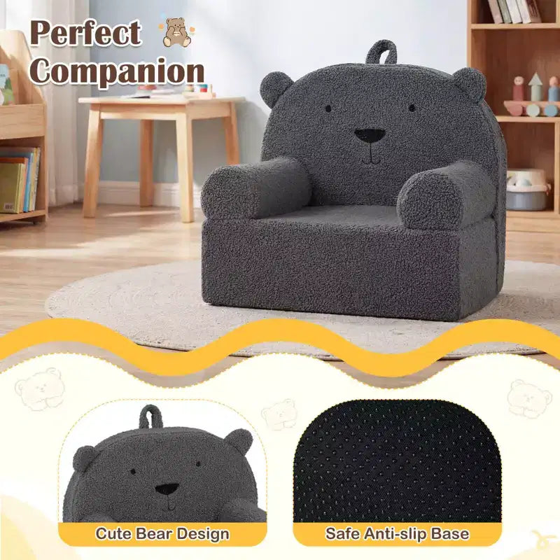 Kids Bear Sofa Toddler Foam Couch with Soft Fleece Fabric Cover Brown/Gray/Navy/Pink