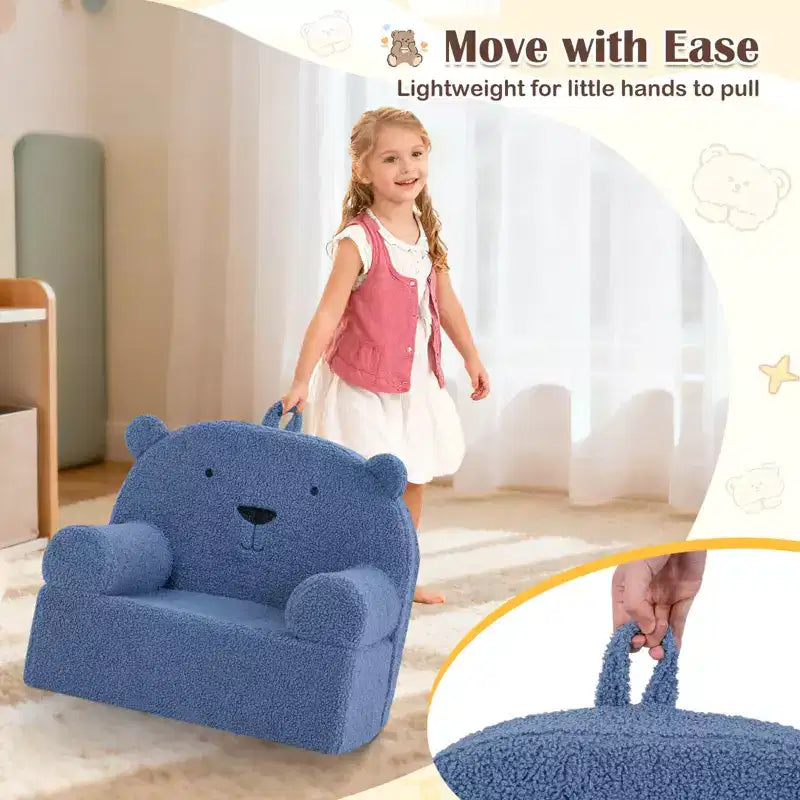 Kids Bear Sofa Toddler Foam Couch with Soft Fleece Fabric Cover Brown/Gray/Navy/Pink