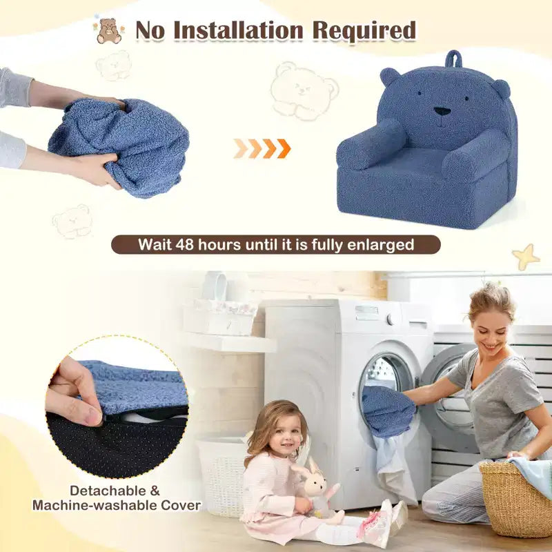 Kids Bear Sofa Toddler Foam Couch with Soft Fleece Fabric Cover Brown/Gray/Navy/Pink