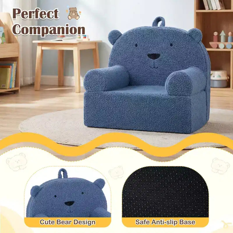 Kids Bear Sofa Toddler Foam Couch with Soft Fleece Fabric Cover Brown/Gray/Navy/Pink