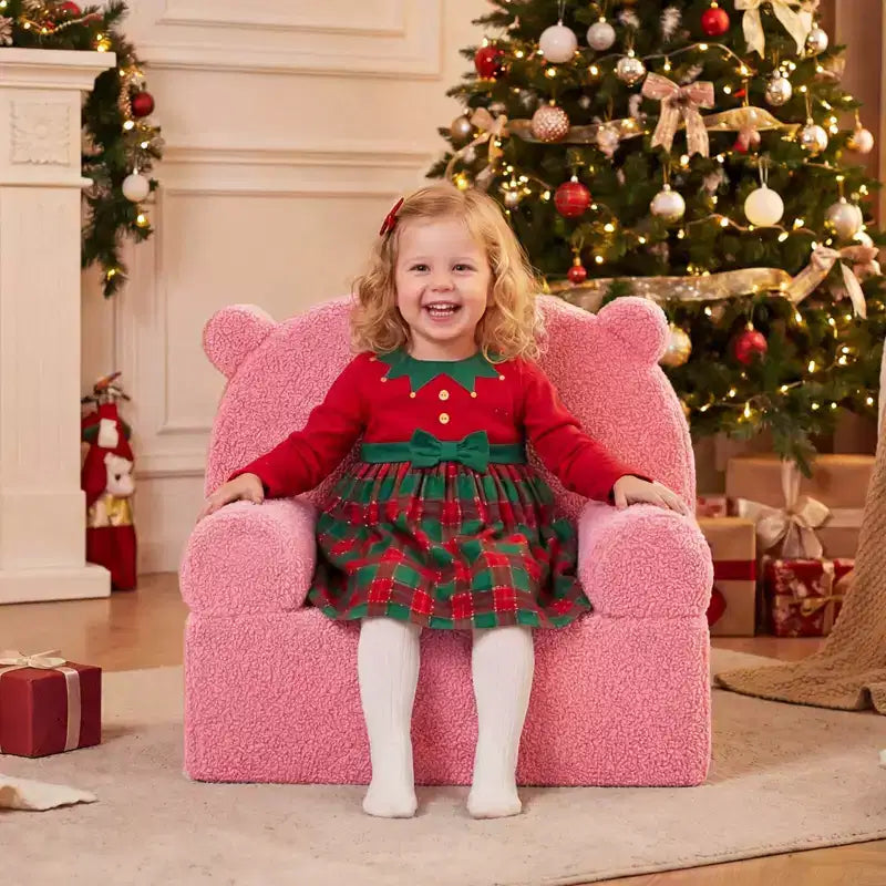 Kids Bear Sofa Toddler Foam Couch with Soft Fleece Fabric Cover Brown/Gray/Navy/Pink