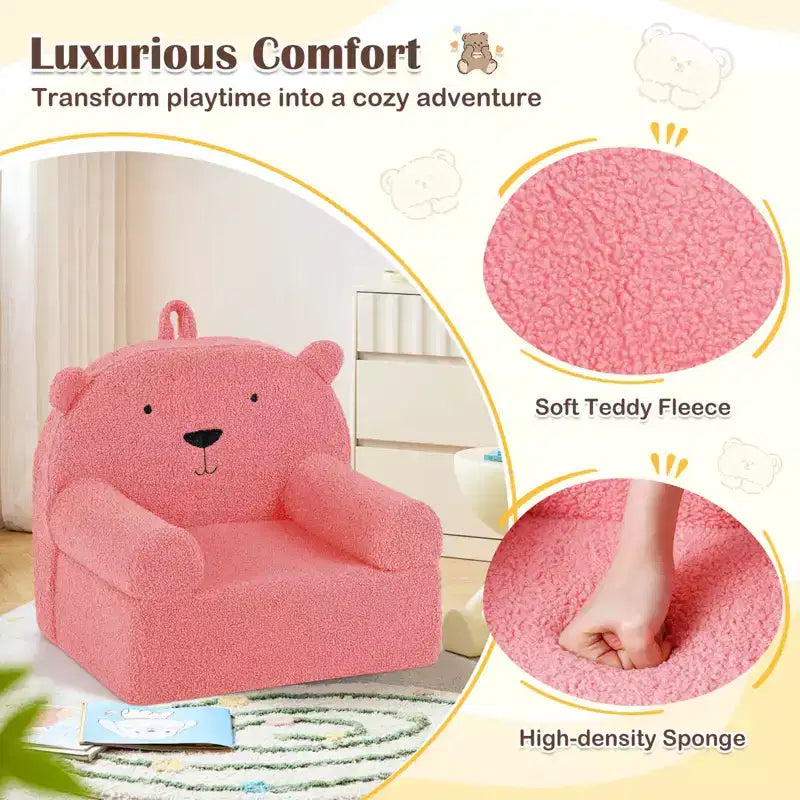 Kids Bear Sofa Toddler Foam Couch with Soft Fleece Fabric Cover Brown/Gray/Navy/Pink
