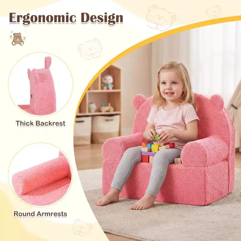 Kids Bear Sofa Toddler Foam Couch with Soft Fleece Fabric Cover Brown/Gray/Navy/Pink