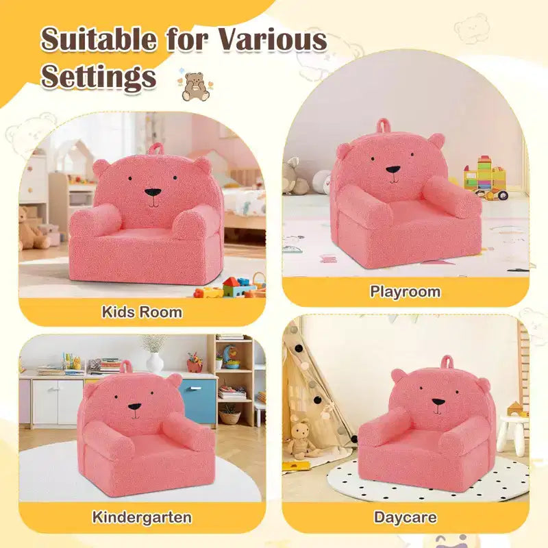 Kids Bear Sofa Toddler Foam Couch with Soft Fleece Fabric Cover Brown/Gray/Navy/Pink