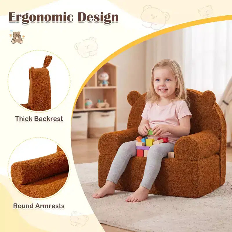 Kids Bear Sofa Toddler Foam Couch with Soft Fleece Fabric Cover Brown/Gray/Navy/Pink