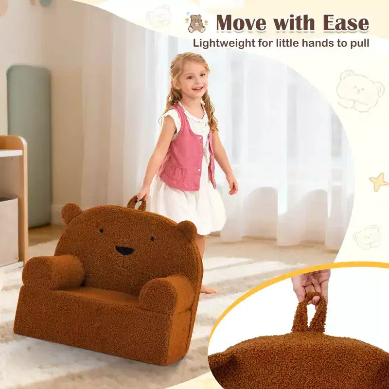 Kids Bear Sofa Toddler Foam Couch with Soft Fleece Fabric Cover Brown/Gray/Navy/Pink