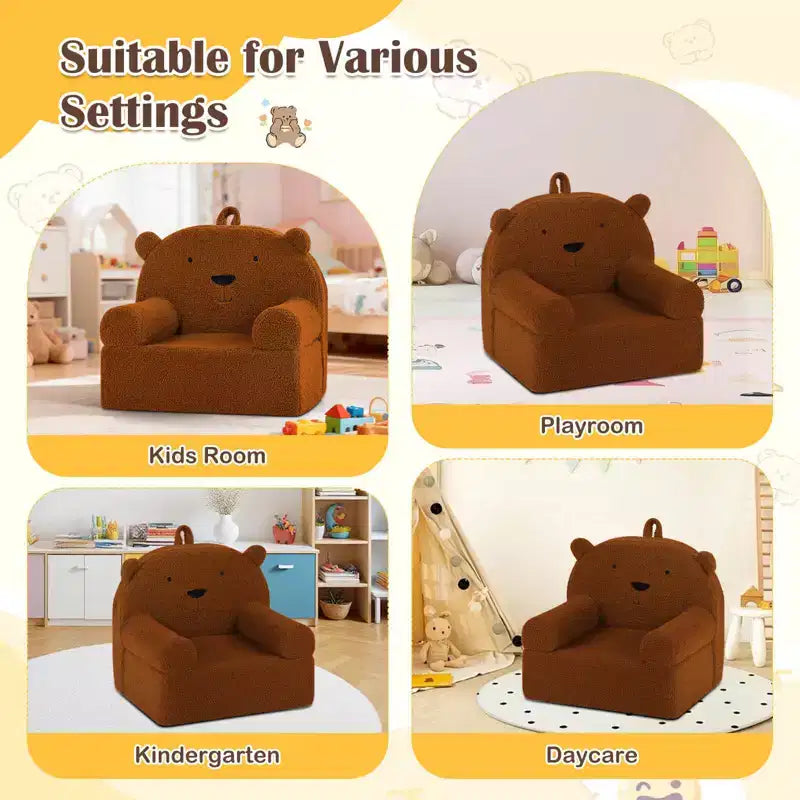 Kids Bear Sofa Toddler Foam Couch with Soft Fleece Fabric Cover Brown/Gray/Navy/Pink