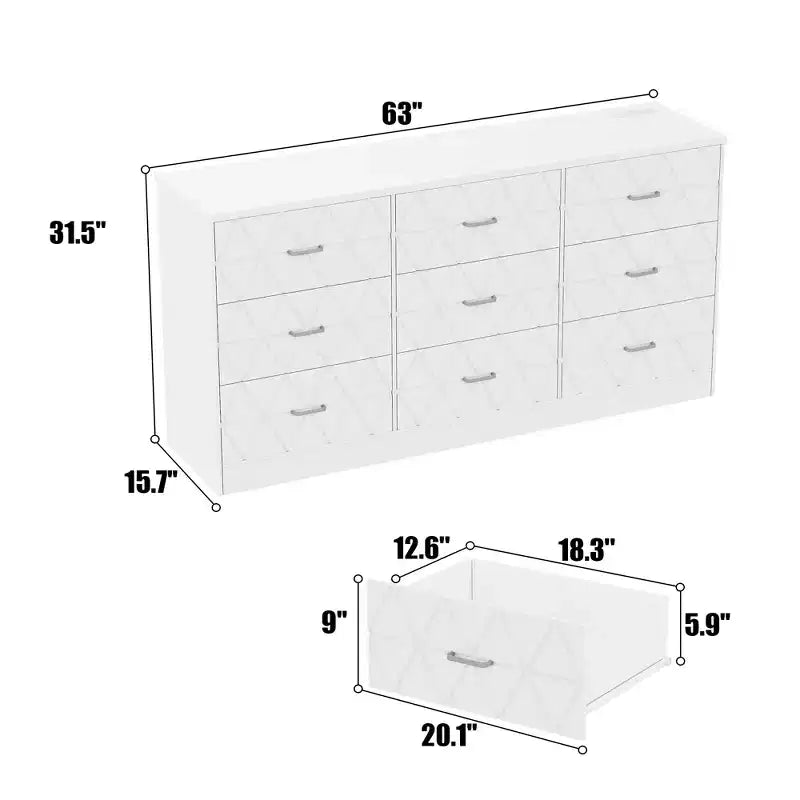 9-Drawer Dresser, Long Dresser for Bedroom, Large Modern Storage, Wood Drawer Organizer with Metal Handles, for Bedroom, Living Room