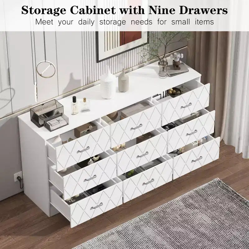 9-Drawer Dresser, Long Dresser for Bedroom, Large Modern Storage, Wood Drawer Organizer with Metal Handles, for Bedroom, Living Room