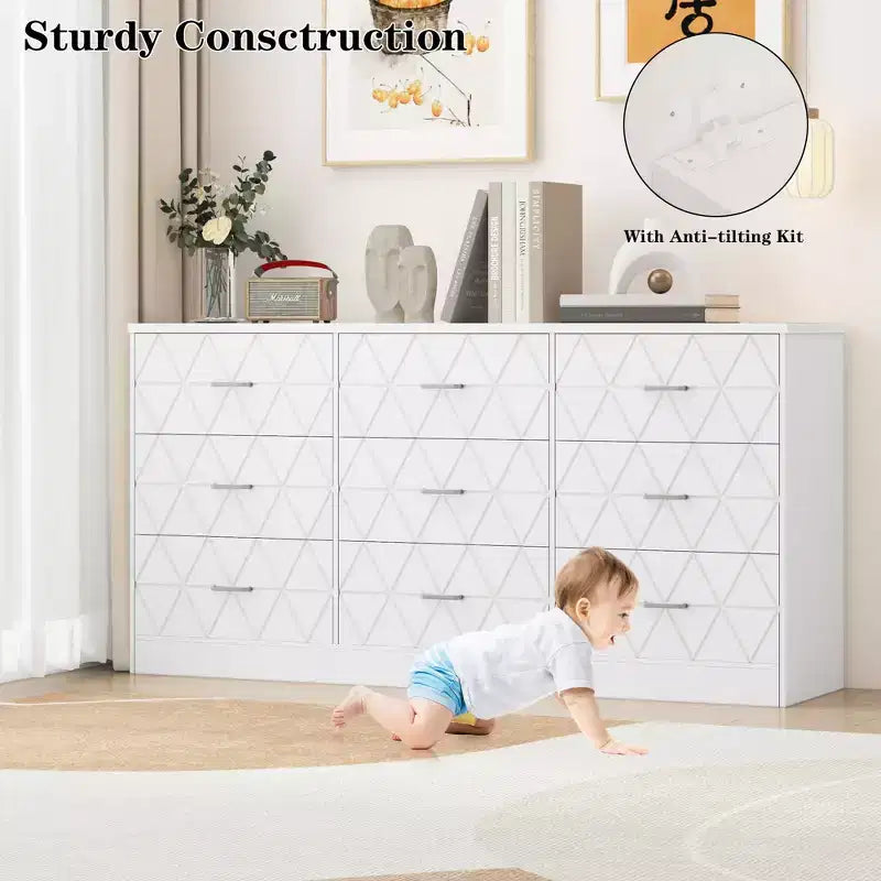 9-Drawer Dresser, Long Dresser for Bedroom, Large Modern Storage, Wood Drawer Organizer with Metal Handles, for Bedroom, Living Room